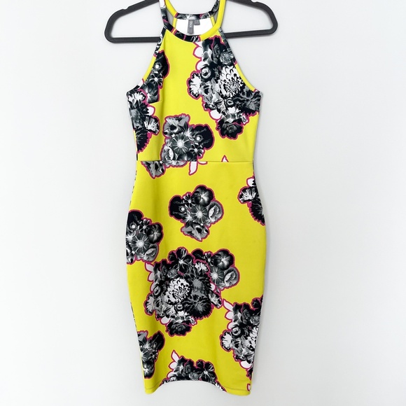 ASOS Lime Yellow Outline Floral Scuba Midi Bodycon Dress Stretch US6 - Picture 15 of 17